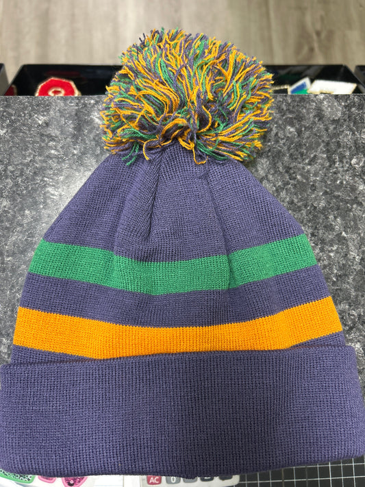 Mardi Gras striped black beanie w/pompom
