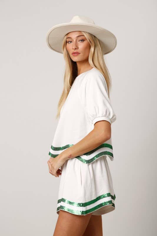 Sequins Stripe Puff Sleeve Crop Top- White/ Green Multi