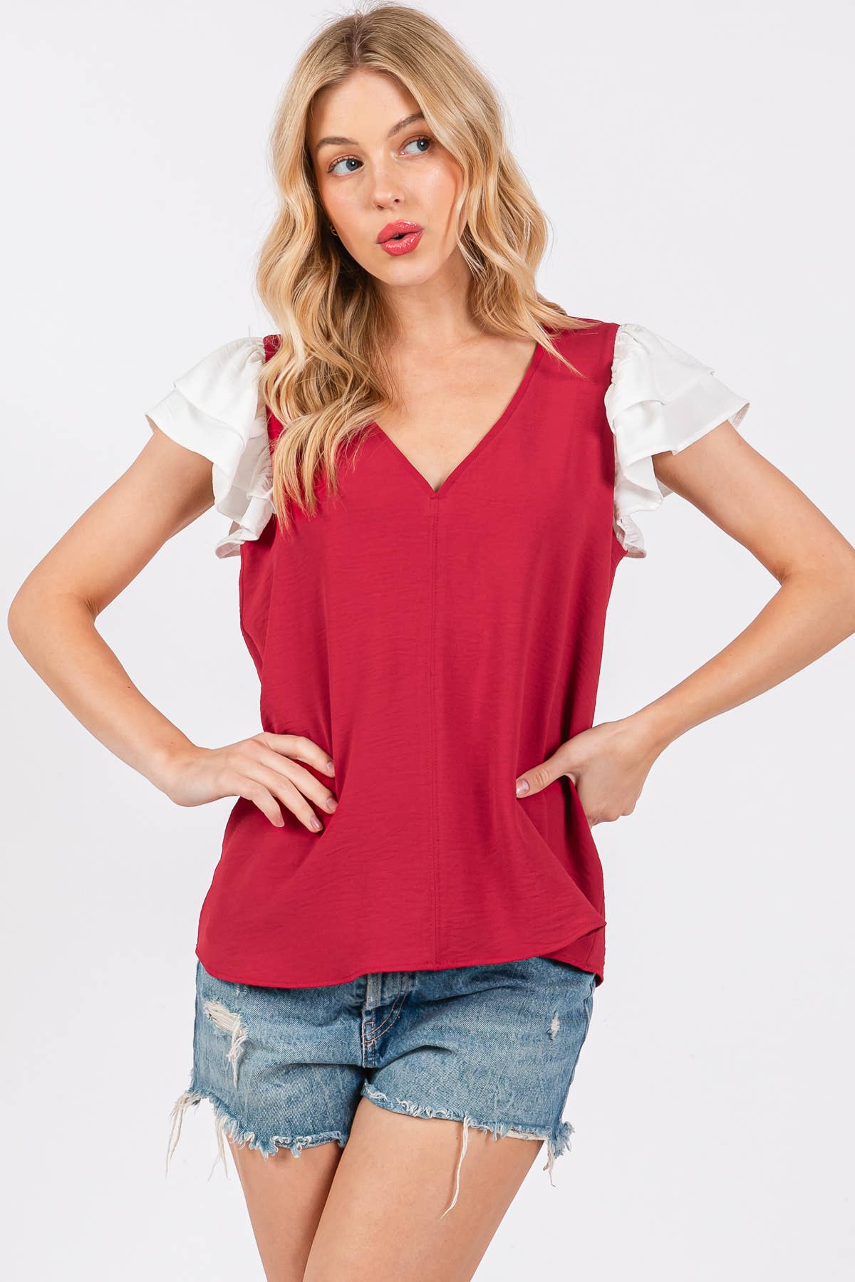 Game Day Contrast V-neck Flutter Sleeve Top- Purple/ Yellow