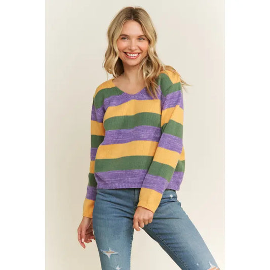 Mardi Gras Colorful Stripe Relaxed Fit Pullover Top