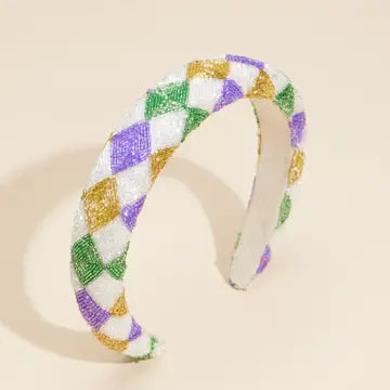Mardi Gras Checkered Beaded Headband-White