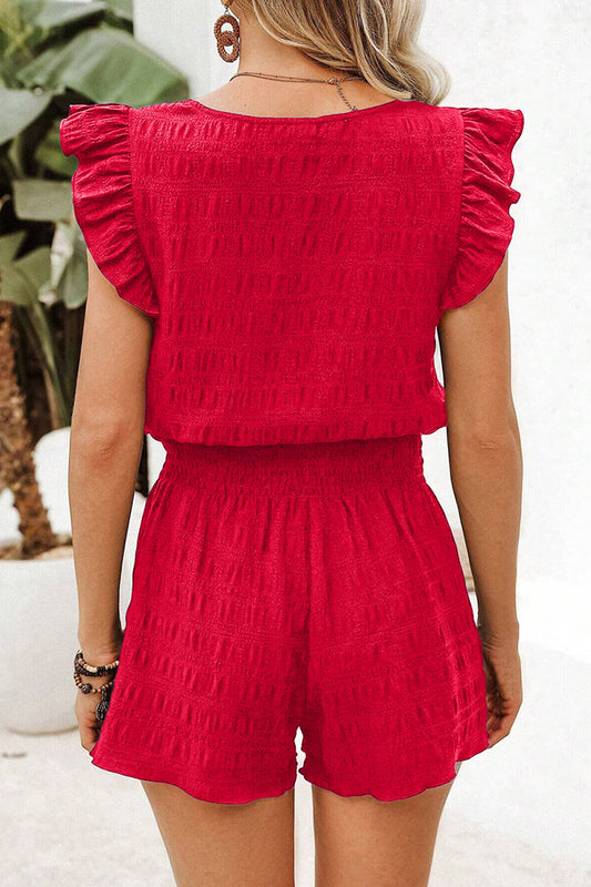Fashion-W Textured Top and Shirred High Waist Shorts Set