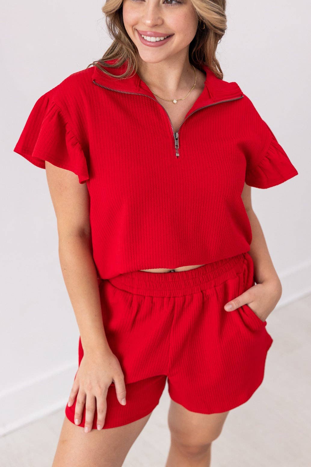 Quarter Zip Shirt with Flutter Sleeves & Knit Shorts Set