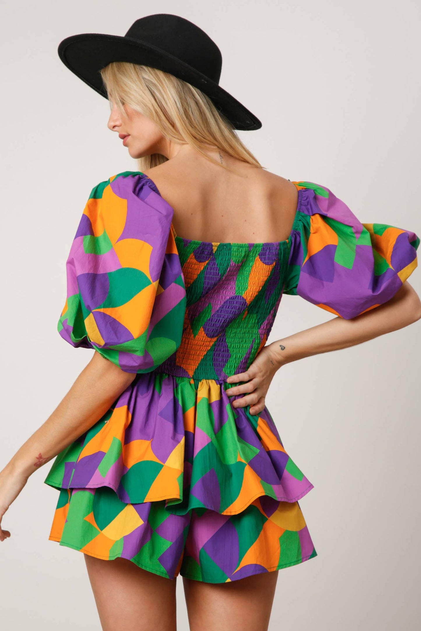 Mardi Gras Geo Print Smocked Romper