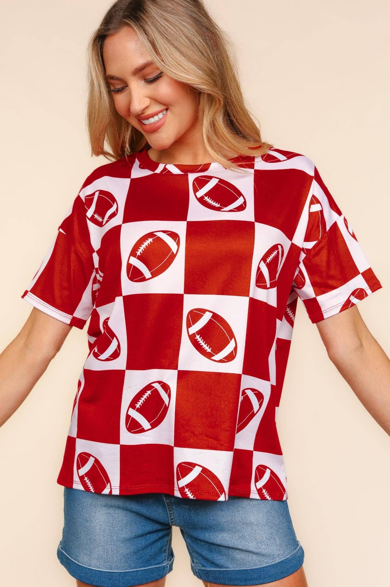 Game Day Football Checker Print Knit Top- Red