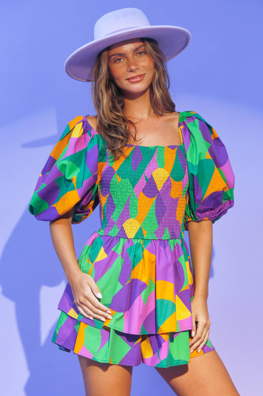 Mardi Gras Geo Print Smocked Romper