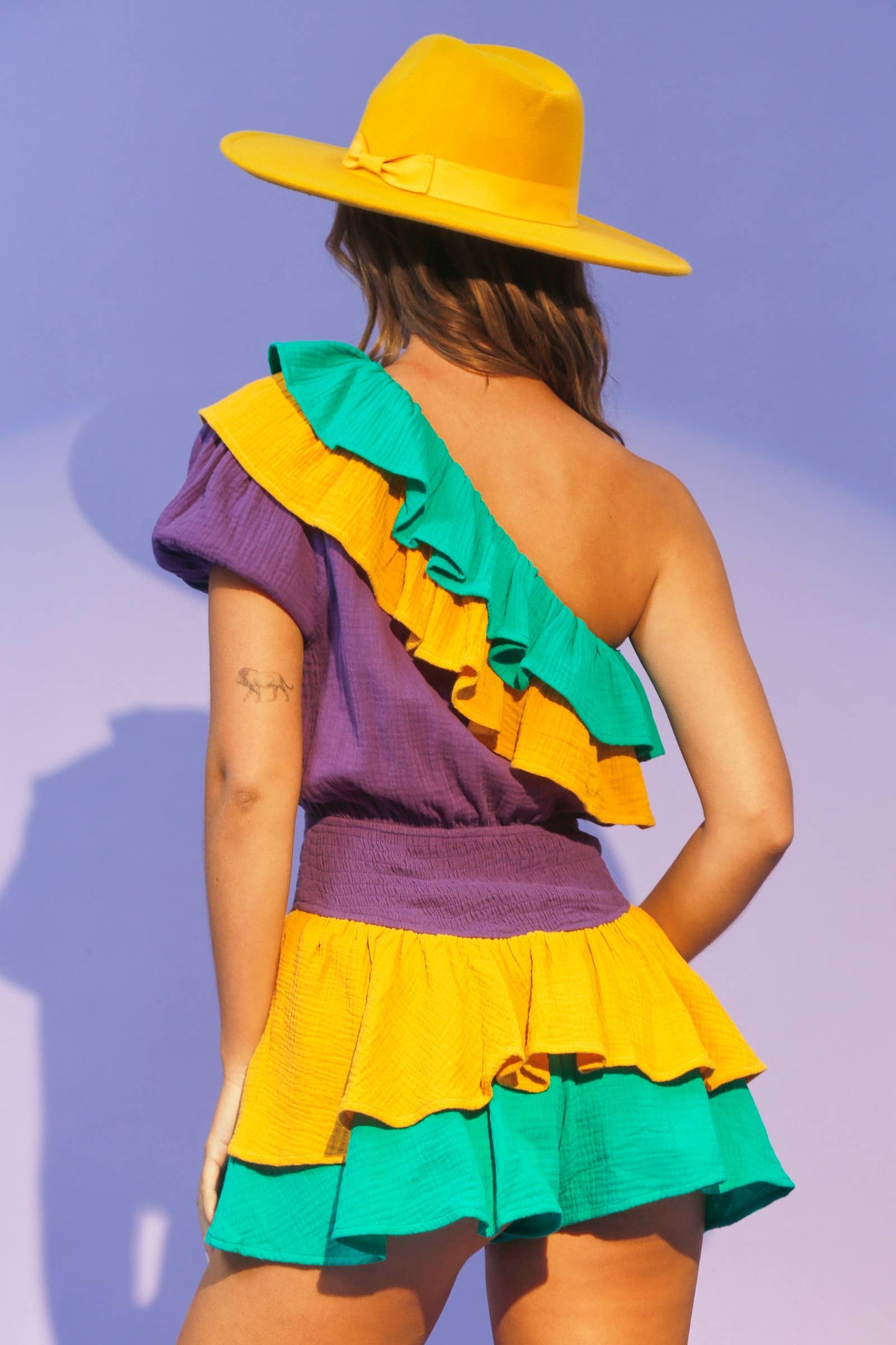 Mardi Gras Color Block One Shoulder Romper