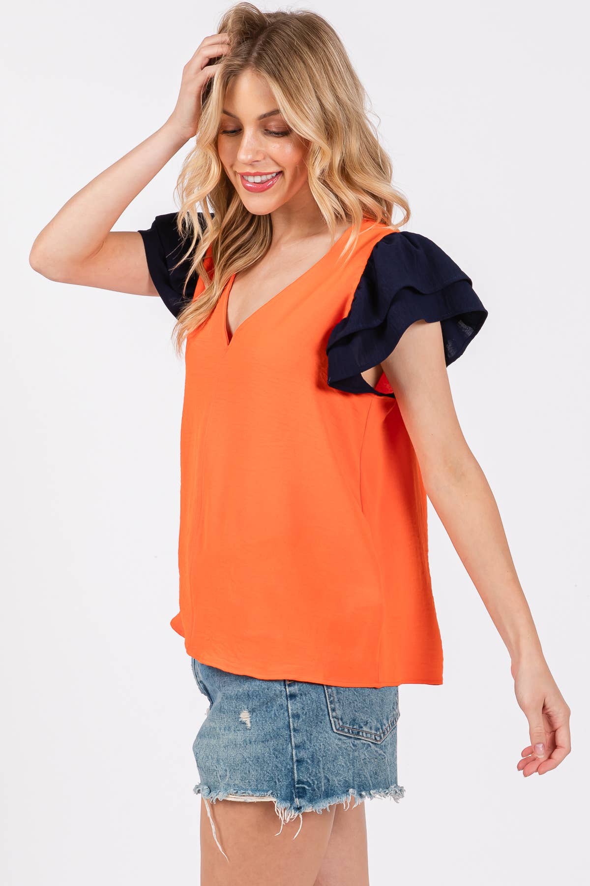 Game Day Contrast V-neck Flutter Sleeve Top- Crimson/ White