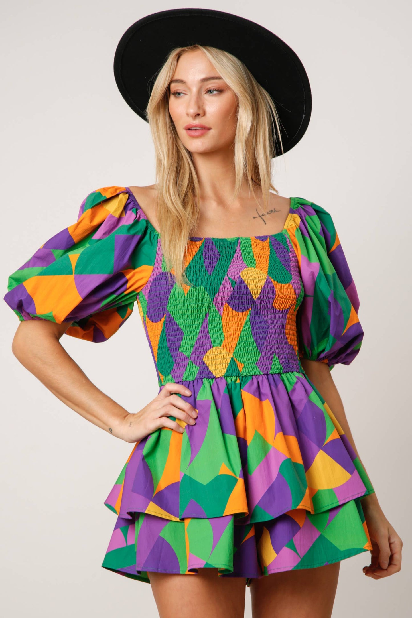 Mardi Gras Geo Print Smocked Romper