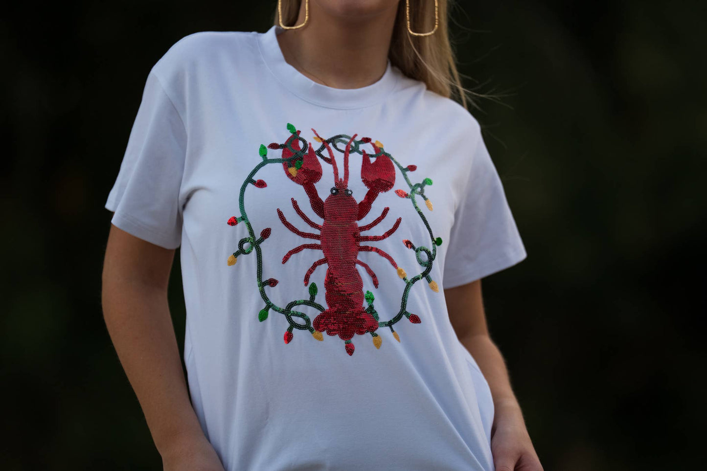 Christmas Crawfish Women's Sequin Design Tee- White