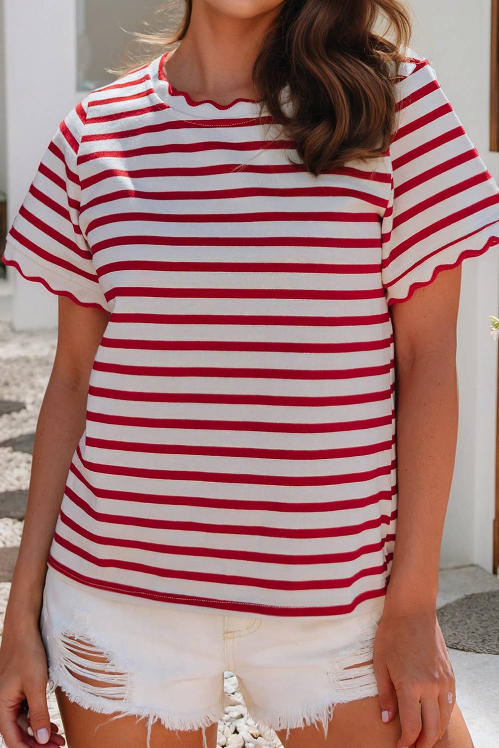 Scalloped Trim Round Neck Stripe Tee