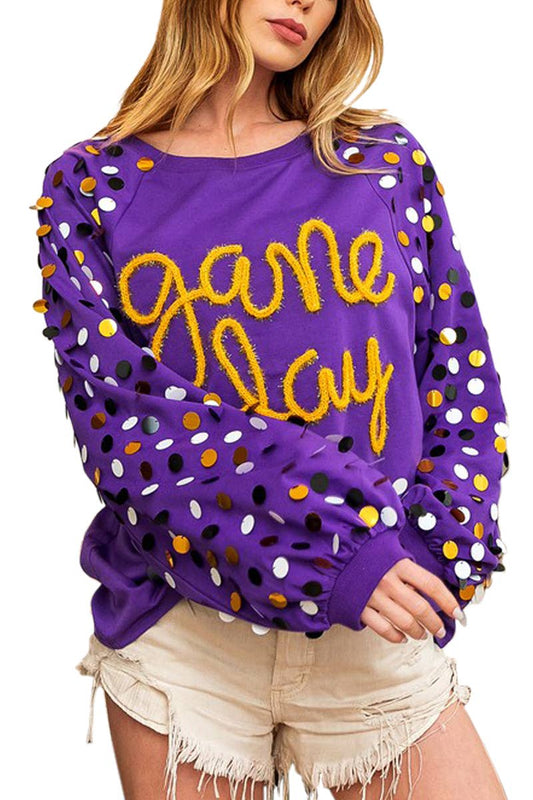 Game Day Metallic Letter Spangled Sweatshirt- Purple
