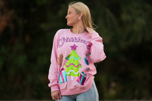 Pink Christmas Women's Sequin Design Sweatshirt- Pink