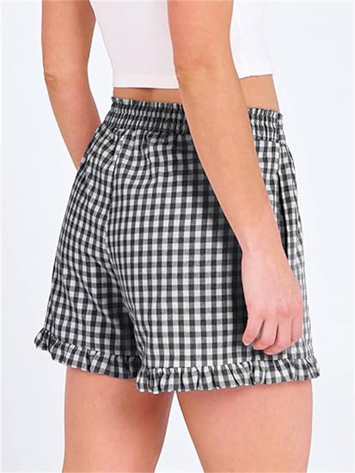Red Check Print Ruffle Shorts