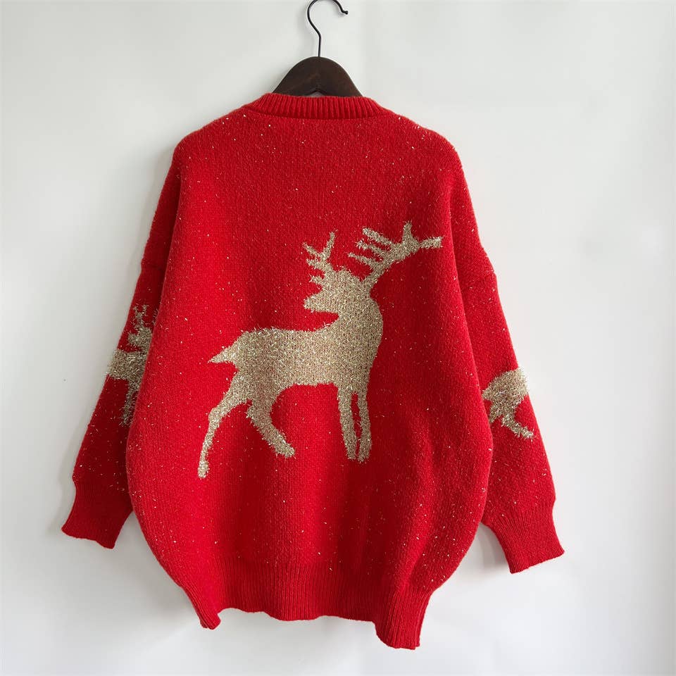 Fawn Gold Christmas Knitted Sweater- Red