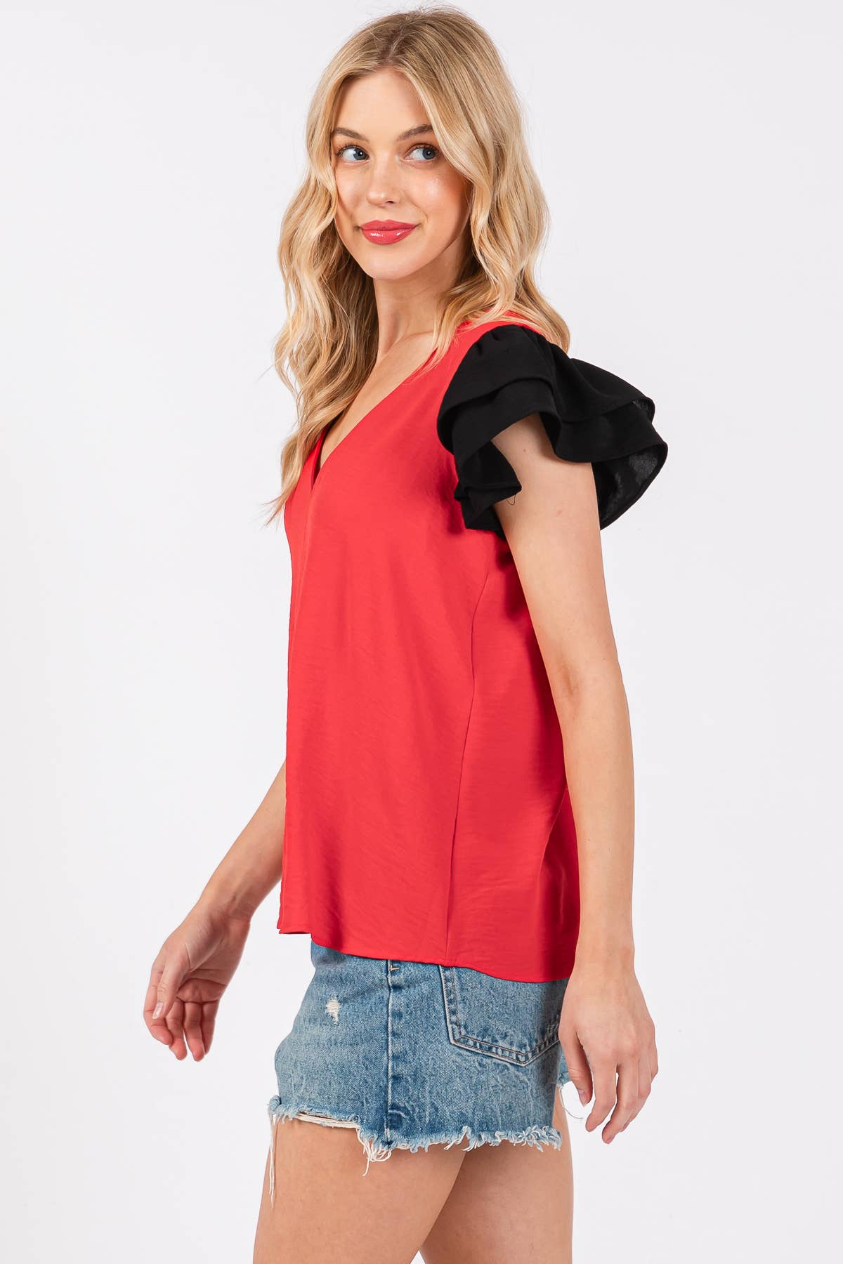 Game Day Contrast V-neck Flutter Sleeve Top- Crimson/ White