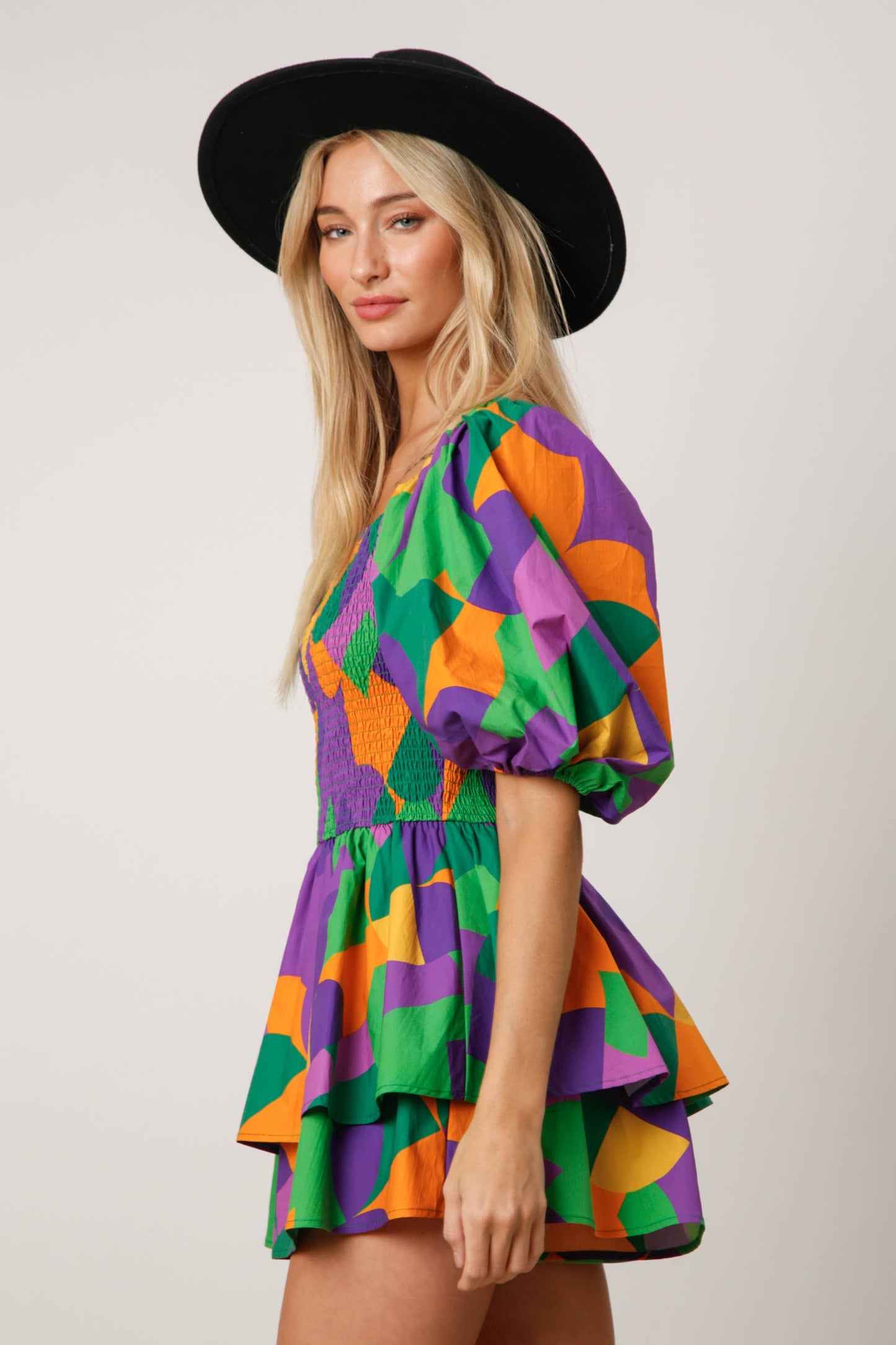 Mardi Gras Geo Print Smocked Romper