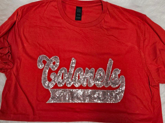 Colonels Silver School Spirit Wear with Real Sequins on Red Tee