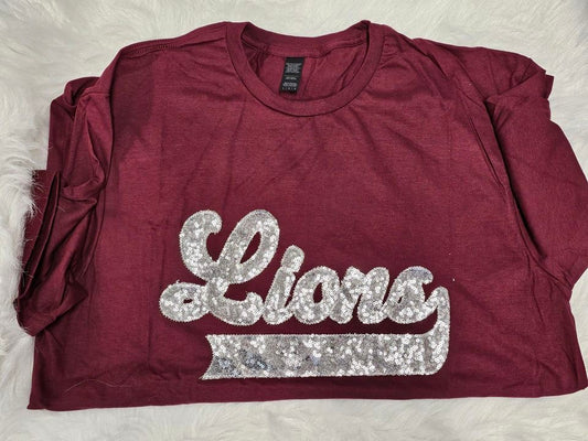 Lions Silver School Spirit Wear with Real Sequins on Maroon Tee