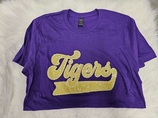 Tigers Yellow School Spirit Wear with Real Sequins on Purple Tee