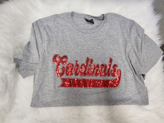 Cardinals Red School Spirit Wear with Real Sequins on Gray Tee