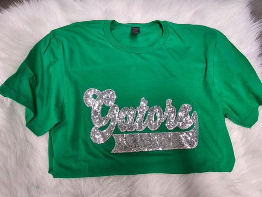 Gators Silver School Spirit Wear with Real Sequins on Green Tee