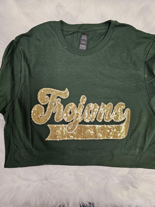 Trojans Gold School Spirit Wear with Real Sequins on Forest Green Tee