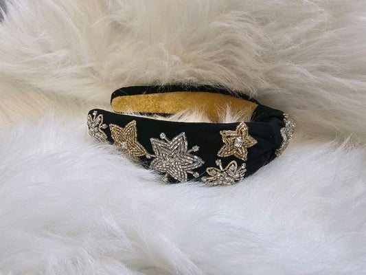 Silver and Gold Stars Seed Bead Headband- Black