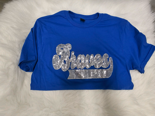 Braves Silver School Spirit Wear with Real Sequins on Royal Blue Tee
