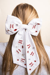 Viola White Baseball Seed Bead Hair Bow Barrette