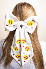 Viola White Softball Seed Bead Hair Bow Barrette