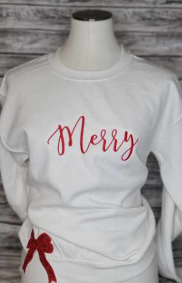 Merry w/Side Bow Embroidered Sweatshirt