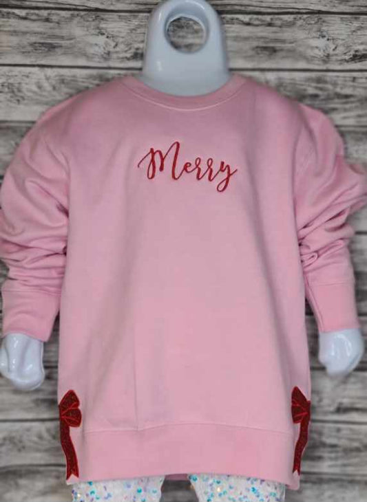 Merry w/Side Bow Embroidered Sweatshirt