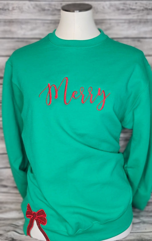 Merry w/Side Bow Embroidered Sweatshirt