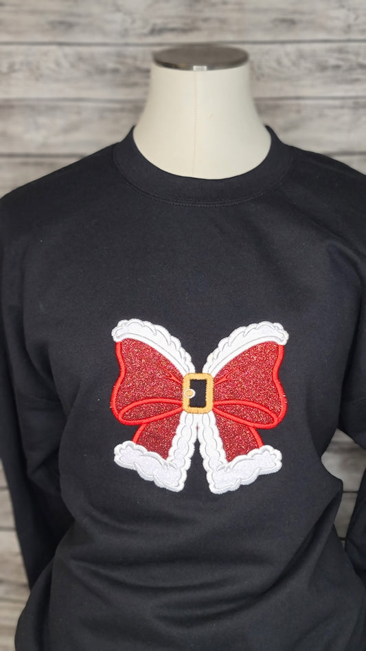 Santa Bow Glitter/Embroidered Sweatshirt