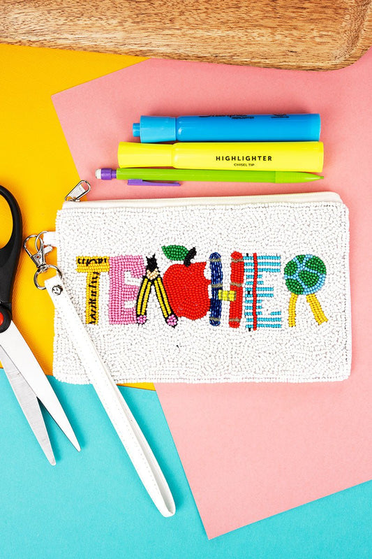 'Teacher' White Seed Bead Wristlet Coin Purse