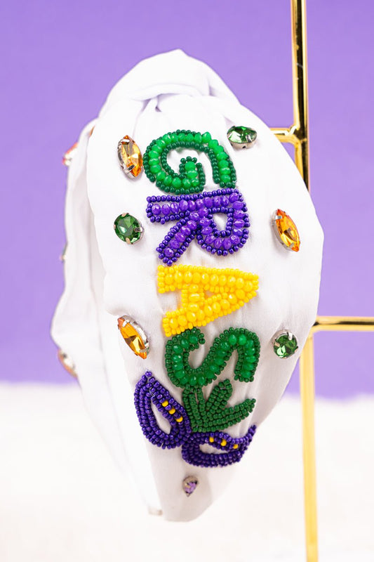 Viola White 'Mardi Gras' Seed Bead Knotted Headband