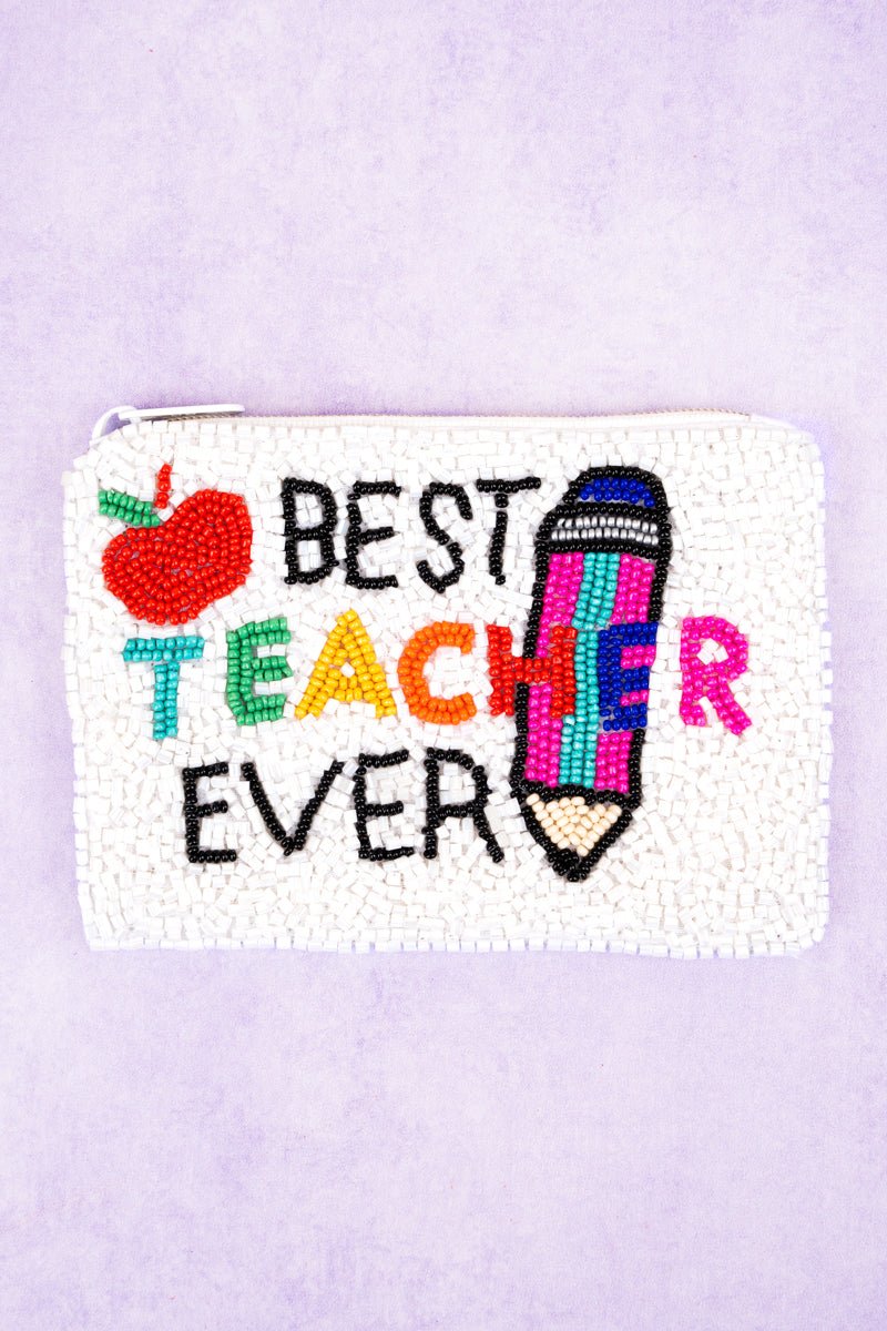White 'Best Teacher Ever' Seed Bead Coin Purse
