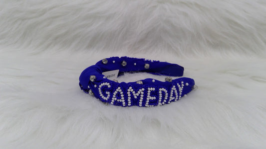 Royal Blue and White Gameday Seed Beaded Top Knot Headband