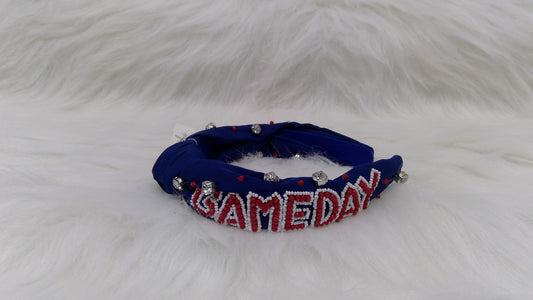 Navy, Red, and White Gameday Seed Beaded Top Knot Headband