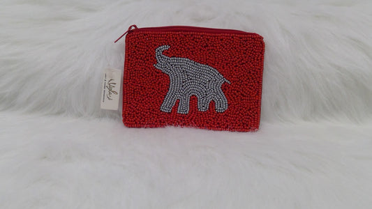 Red and Gray Elephant Seed Beaded Coin Purse
