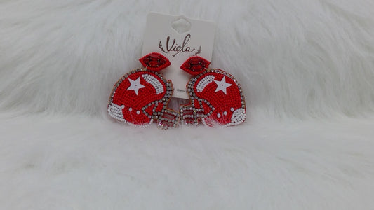 Red and White Football Helmet Seed Beaded Earrings