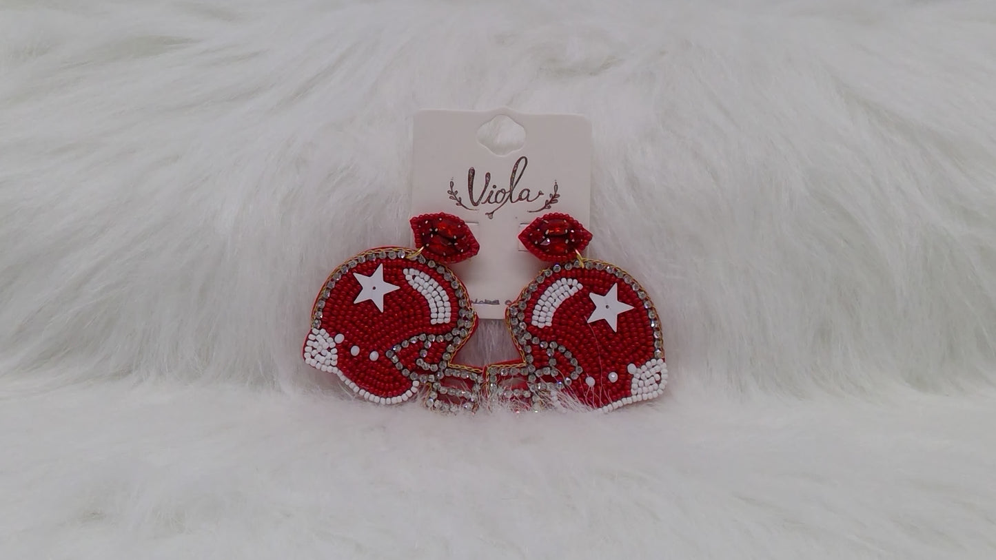 Maroon and White Football Helmet Seed Beaded Earrings