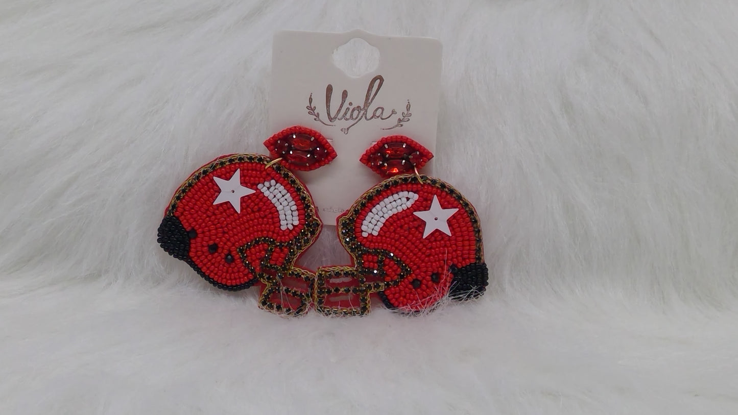 Red and Black Football Helmet Seed Beaded Earrings