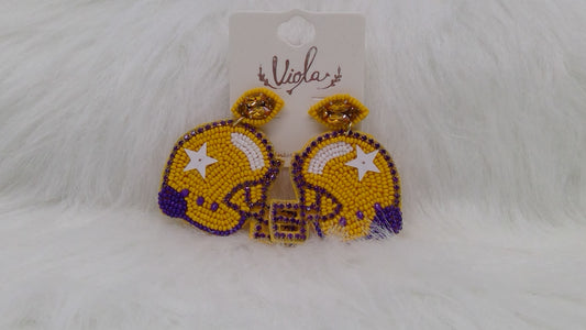 Gold and Purple Football Helmet Seed Beaded Earrings