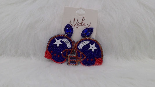 Navy and Red Football Helmet Seed Beaded Earrings