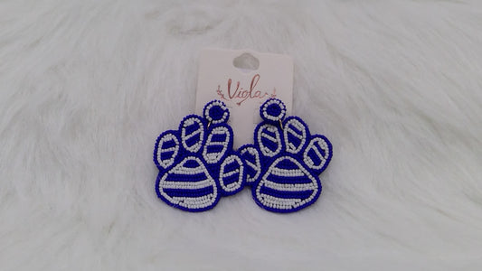 Royal Blue and White Big Paws Seed Beaded Earrings