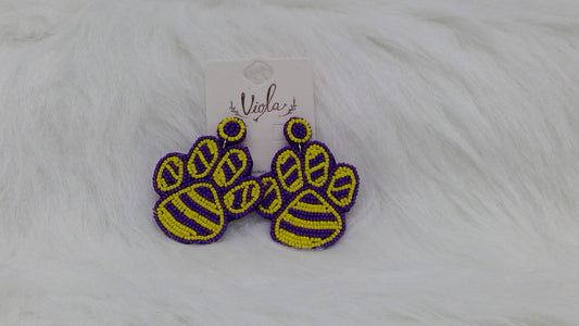 Gold and Purple Big Paws Seed Beaded Earrings