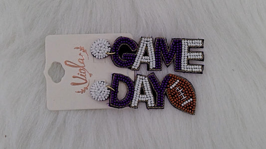 Purple and White Game Day Seed Beaded Earrings