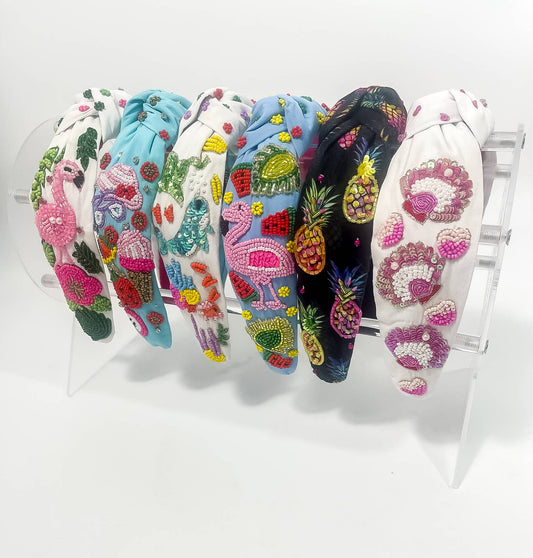 Flamingo with Flowers Seed Bead Headband- White